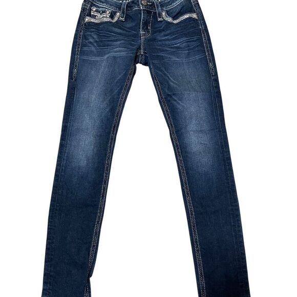 Rock Revival Isiah Skinny Blue Denim  Embellished Embroidered Jeans Women's 27 - Picture 1 of 8